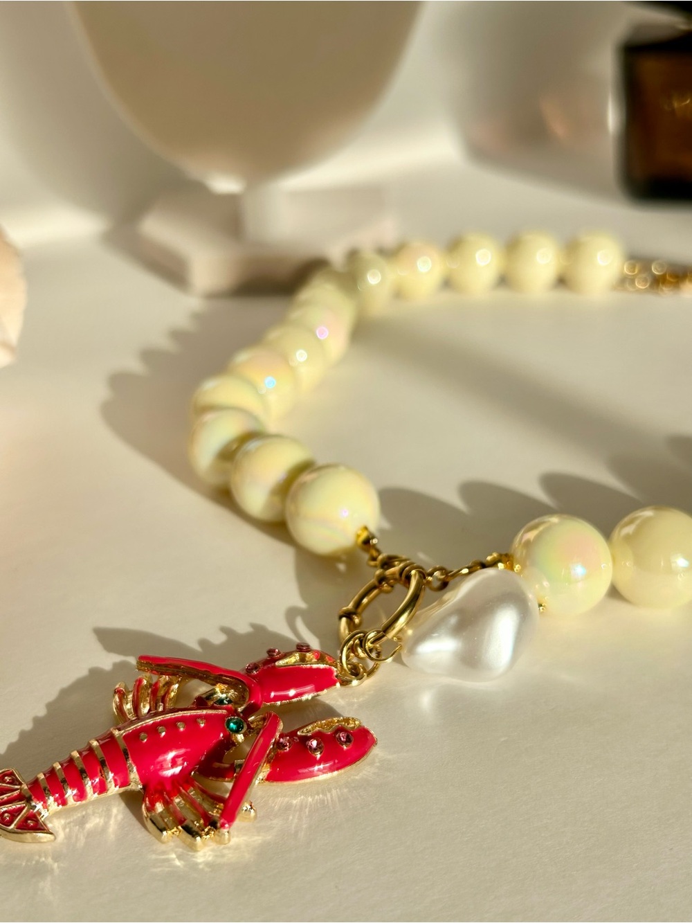 MAYAMAR Cream Beaded Lobster Charm Necklace Gold Tone Statement